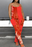 Red Casual Print Pocket Patchwork Spaghetti Strap Loose Jumpsuits