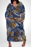 Blue Casual Colorblock National Totem Print Pocket Contrast V Neck Printed Plus Size Dresses