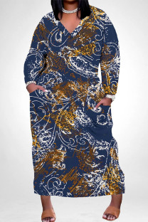 Blue Casual Colorblock National Totem Print Pocket Contrast V Neck Printed Plus Size Dresses