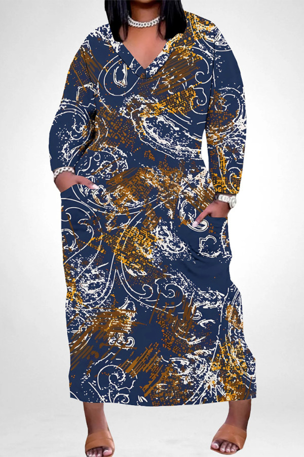 Blue Casual Colorblock National Totem Print Pocket Contrast V Neck Printed Plus Size Dresses