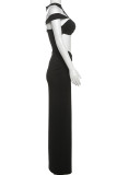 Black Sexy Solid Color Hollow Out Patchwork O Neck Long Dresses