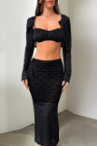 Black Sexy Solid Color Patchwork Cardigan Collar Long Sleeve Three Pieces