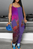 Yellow Casual Print Pocket Patchwork Spaghetti Strap Loose Jumpsuits