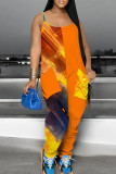 Yellow Casual Print Pocket Patchwork Spaghetti Strap Loose Jumpsuits
