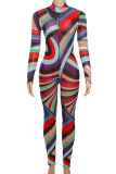 Colour Casual Print Patchwork Turtleneck Skinny Jumpsuits