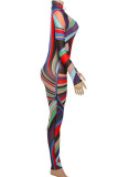 Colour Casual Print Patchwork Turtleneck Skinny Jumpsuits