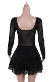 Black Sexy Solid Color Hollow Out Patchwork Square Neck A Line Dresses
