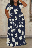 Black Casual Street Floral Print Pocket Contrast V Neck Printed Plus Size Dresses