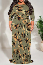 Green Casual Floral Print Lace Up Contrast O Neck Printed Dresses