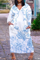 White Blue Casual Print Pocket V Neck Long Plus Size Dresses