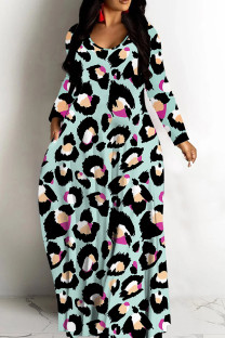 Lake Green Casual Leopard Print Basic V Neck Long Dresses