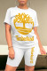 White Casual Street Cartoon Print Letters Contrast O Neck Short Sleeve Two Pieces