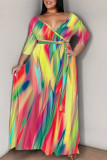 Colour Casual Street Colorblock Geometric Print Lace Up Contrast V Neck Printed Plus Size Dresses