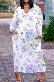 White Blue Casual Floral Print Pocket V Neck Long Plus Size Dresses