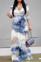 Sky Blue Casual Tie Dye Print Lace Up Contrast V Neck Printed Dresses
