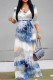 Sky Blue Casual Tie Dye Print Lace Up Contrast V Neck Printed Dresses