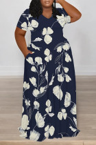 Navy Blue Casual Street Floral Print Pocket Contrast V Neck Printed Plus Size Dresses