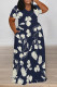 Navy Blue Casual Street Floral Print Pocket Contrast V Neck Printed Plus Size Dresses