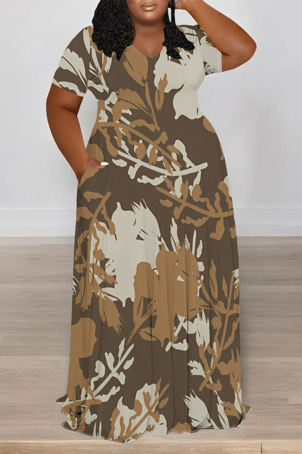 Brown Casual Street Floral Print Pocket Contrast V Neck Printed Plus Size Dresses