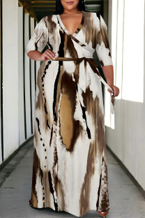 Brown Casual Street Colorblock Geometric Print Lace Up Contrast V Neck Printed Plus Size Dresses