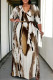 Brown Casual Street Colorblock Geometric Print Lace Up Contrast V Neck Printed Plus Size Dresses