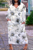 White Purple Casual Floral Print Pocket V Neck Long Plus Size Dresses