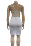 Black Sexy Solid Color Patchwork Hot Drill Zipper O Neck Wrapped Skirt Dresses