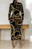 Green Casual Street Chain print Contrast O Neck Printed Dresses