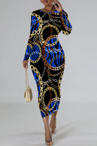 Blue Casual Street Chain print Contrast O Neck Printed Dresses