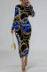 Blue Casual Street Chain print Contrast O Neck Printed Dresses
