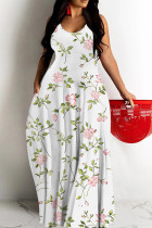 White Casual Floral Print Backless Spaghetti Strap Long Dresses