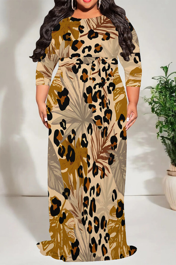 Earth Yellow Casual Floral Print Lace Up Contrast O Neck Printed Dresses