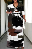 Colour Casual Street Colorblock Geometric Print Lace Up Contrast V Neck Printed Plus Size Dresses