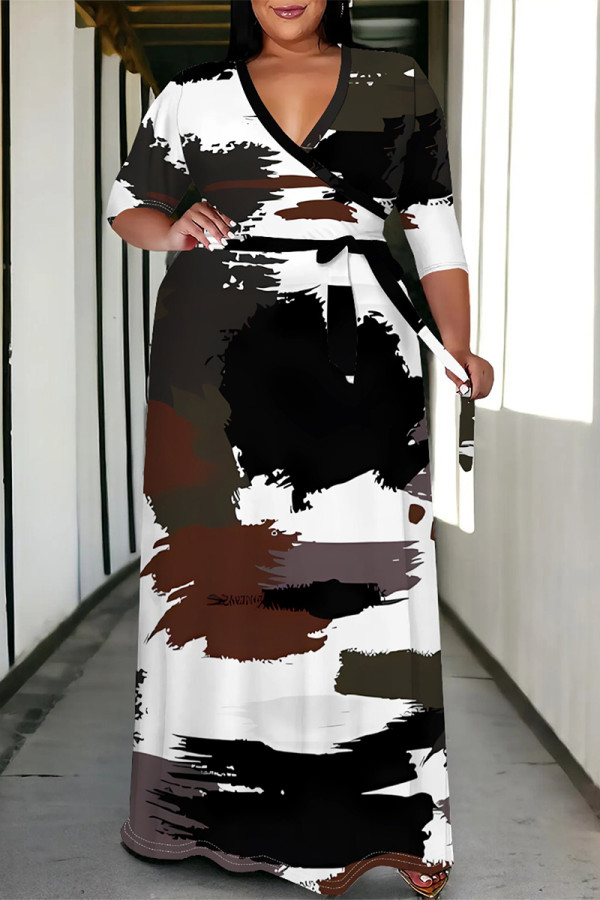 Black Casual Street Colorblock Geometric Print Lace Up Contrast V Neck Printed Plus Size Dresses