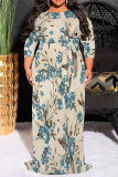 Earth Yellow Casual Floral Print Lace Up Contrast O Neck Printed Dresses