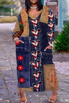 Blue Casual Faux Denim Print Pocket V Neck Long Plus Size Dresses