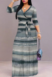 Blue Casual Tie Dye Print Lace Up Contrast V Neck Printed Dresses