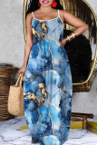 Multicolor Casual Print Backless Spaghetti Strap Long Dresses