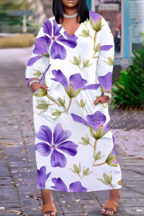 White Purple Casual Floral Print Pocket V Neck Long Plus Size Dresses