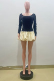 Black Casual Patchwork Contrast O Neck Long Sleeve Dresses