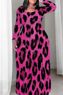 Pink Black Casual Print Patchwork O Neck Long Plus Size Dresses