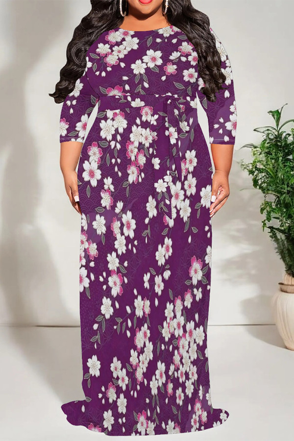 Purple Casual Floral Print Lace Up Contrast O Neck Printed Dresses