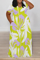 Fluorescent Yellow Casual Street Floral Print Pocket Contrast V Neck Printed Plus Size Dresses