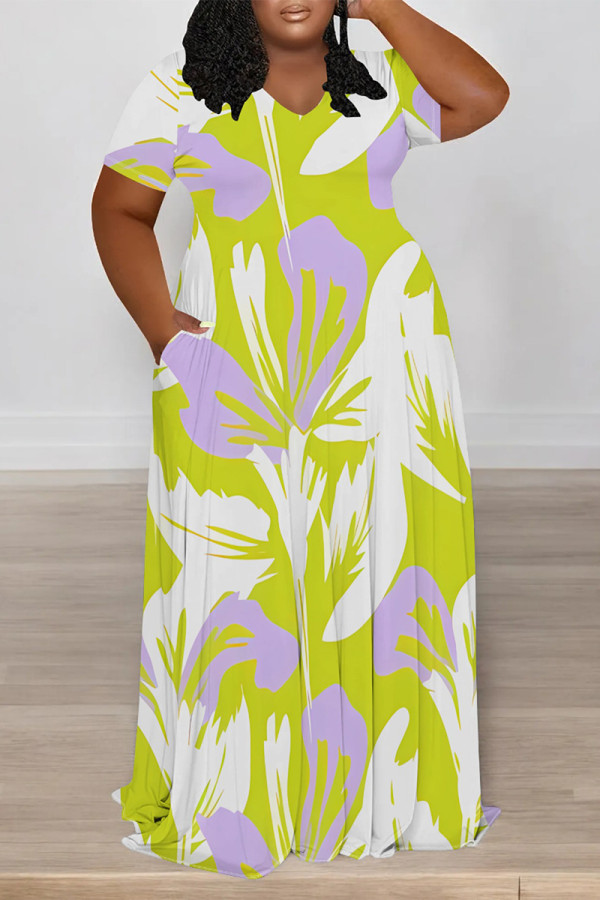 Fluorescent Yellow Casual Street Floral Print Pocket Contrast V Neck Printed Plus Size Dresses