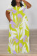 Fluorescent Yellow Casual Street Floral Print Pocket Contrast V Neck Printed Plus Size Dresses