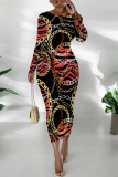 Green Casual Street Chain print Contrast O Neck Printed Dresses