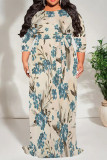 Earth Yellow Casual Floral Print Lace Up Contrast O Neck Printed Dresses