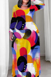 Light Khaki Casual Print Patchwork O Neck Long Plus Size Dresses