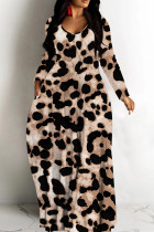 Light Brown Casual Leopard Print Basic V Neck Long Dresses