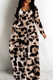 Light Brown Casual Leopard Print Basic V Neck Long Dresses